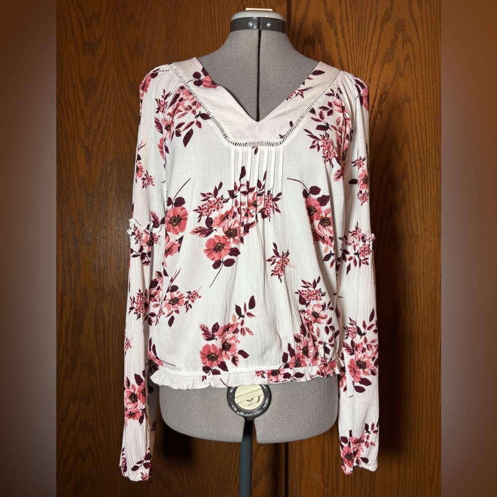 Aeropostale Floral Long Sleeve Blouse - White and mauve-large